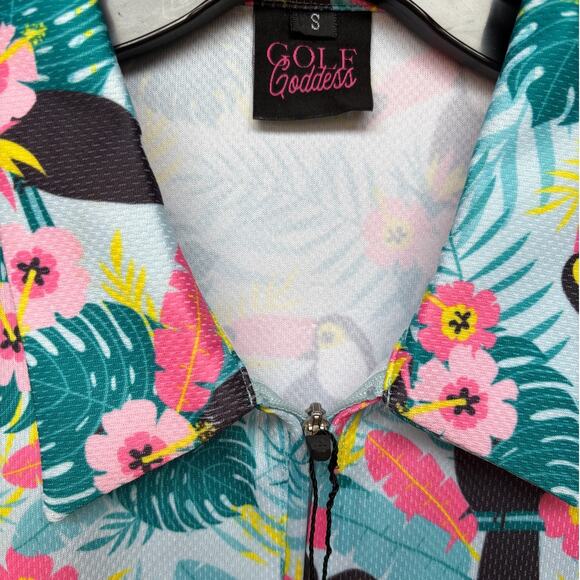 Golf Goddess NWT Bright Tropical Toucan Themed Quarter Zip Pullover size S - Picture 2 of 9